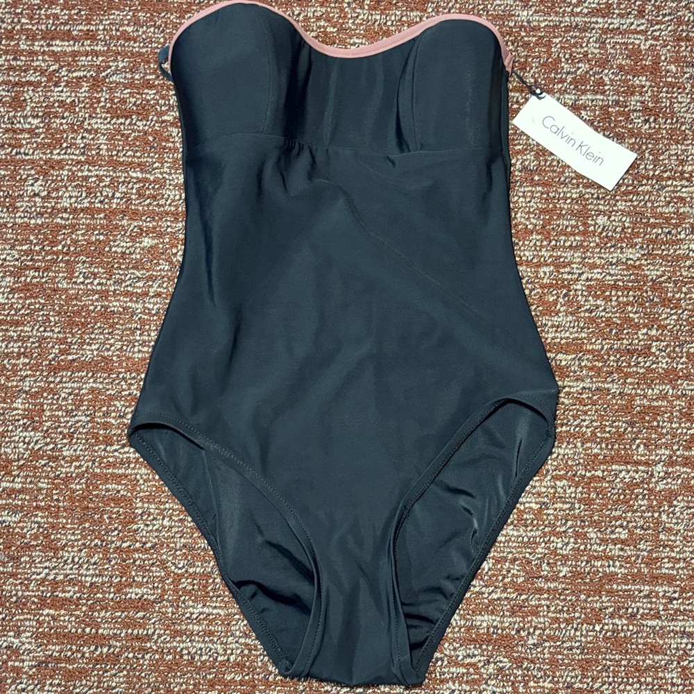 NWT** Calvin Klein black strapless sleek one piece bathing suit